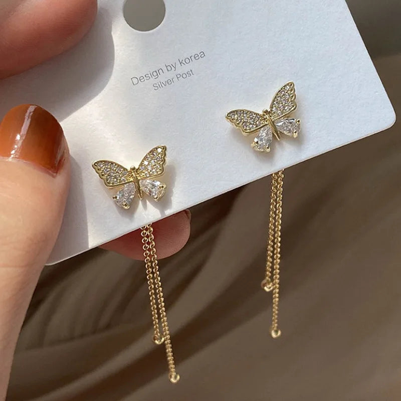 Butterfly Crystal Long Tassel Dangling Earrings For Women