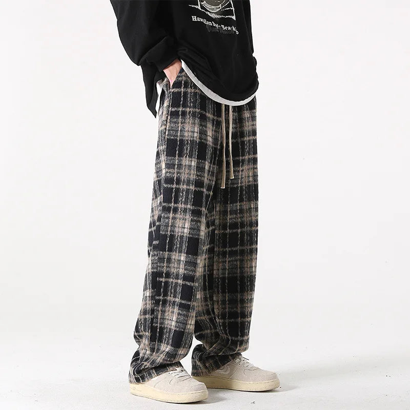 Men Checkered Casual Pants Loose Straight Corduroy Pants