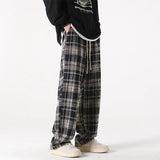 Men Checkered Casual Pants Loose Straight Corduroy Pants