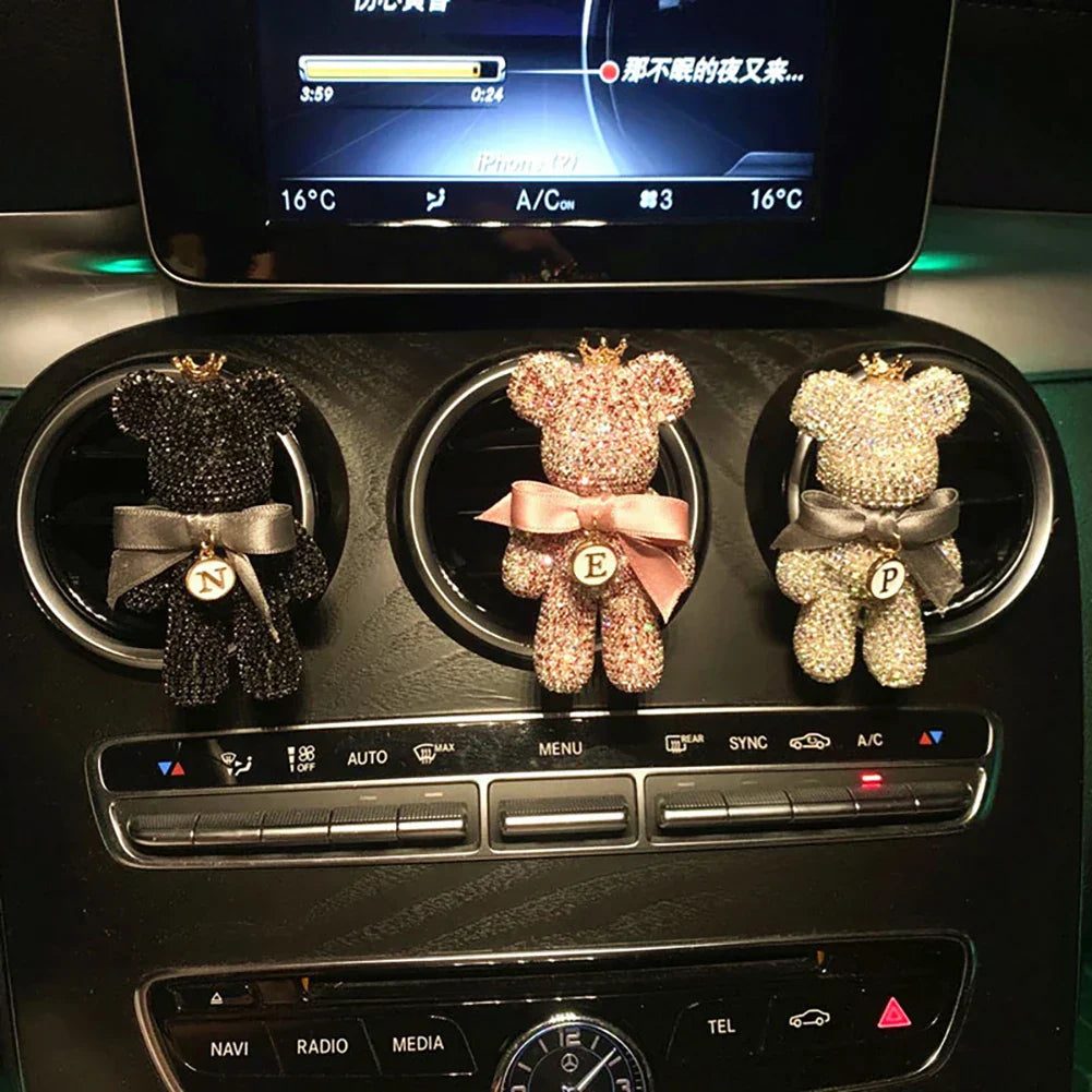 Cartoon Diamond Crystal Bow Bear Car Pendant Mirror