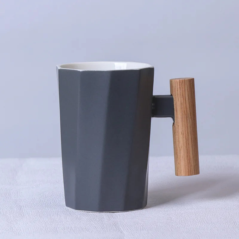 Nordic Wooden Handle Ceramic Porcelain Mug Coffee Cups