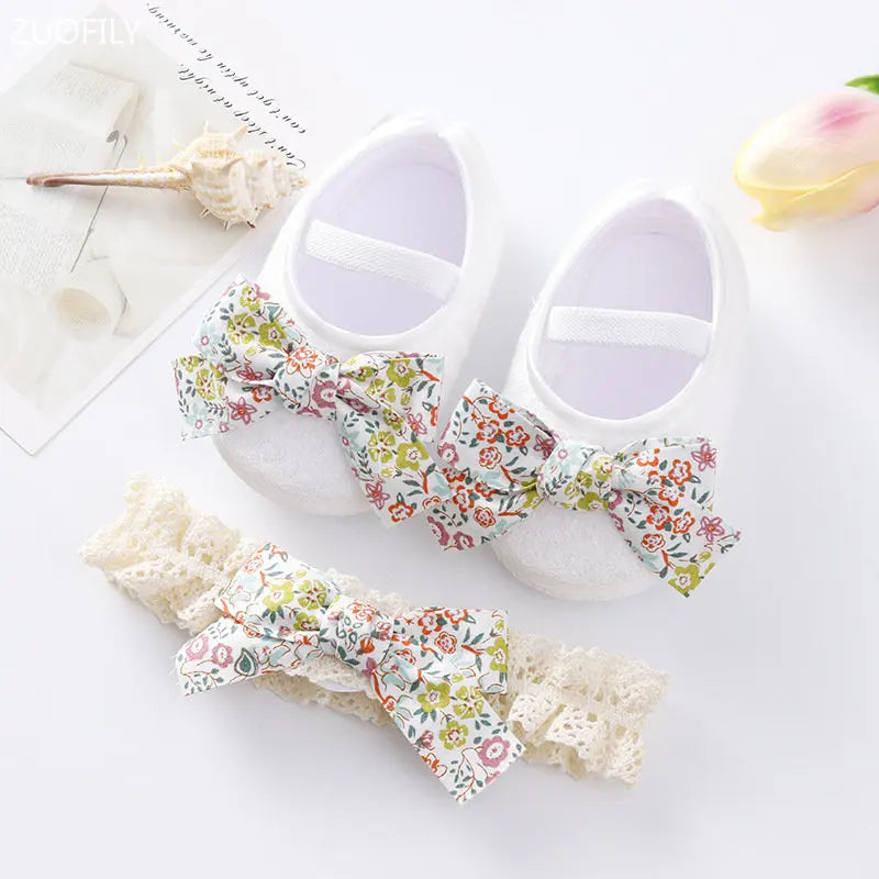 0~18M Cute Bowknot Newborn Baby Shoes Headband Set