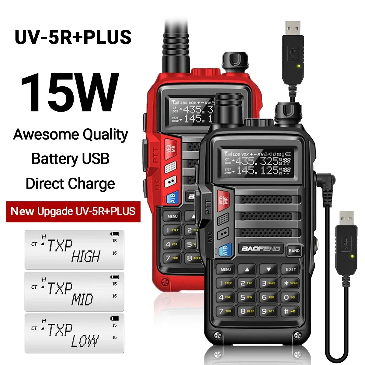 Baofeng UV-5R Plus 15W UHF/VHF Tri-Power Walkie Talkie