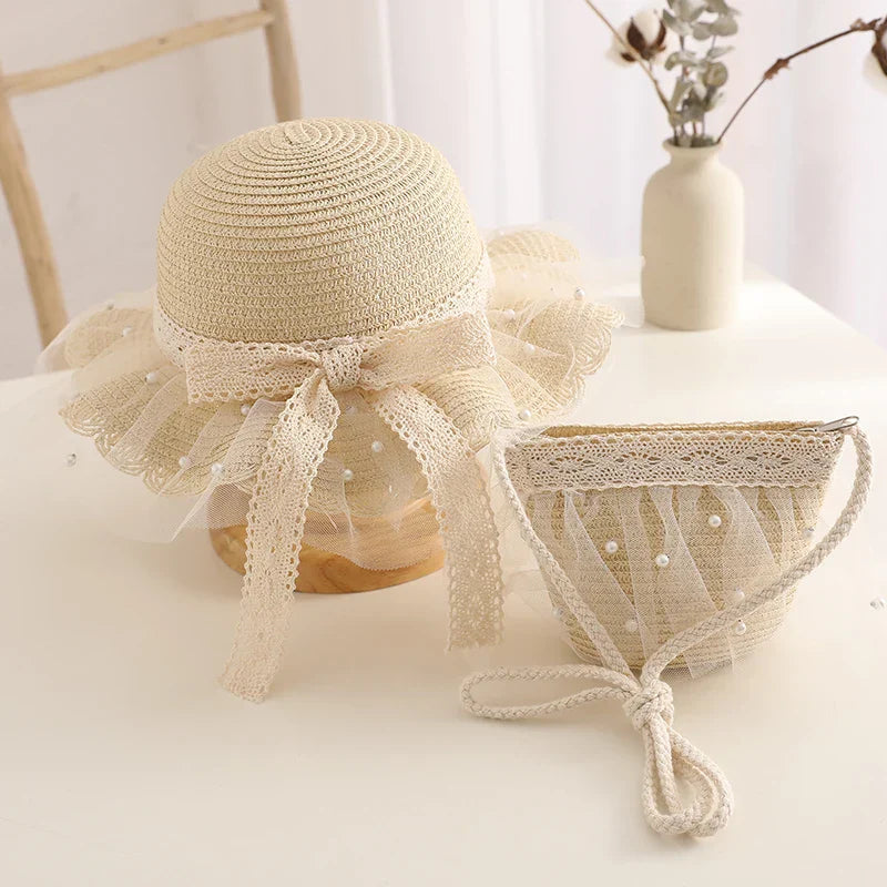 Kids Girls Straw Hat Handbag Set Wide Brim Lace Bow Sun Protection Cap  Summer Beach Bucket Cap Portable Handbag панама Gorras