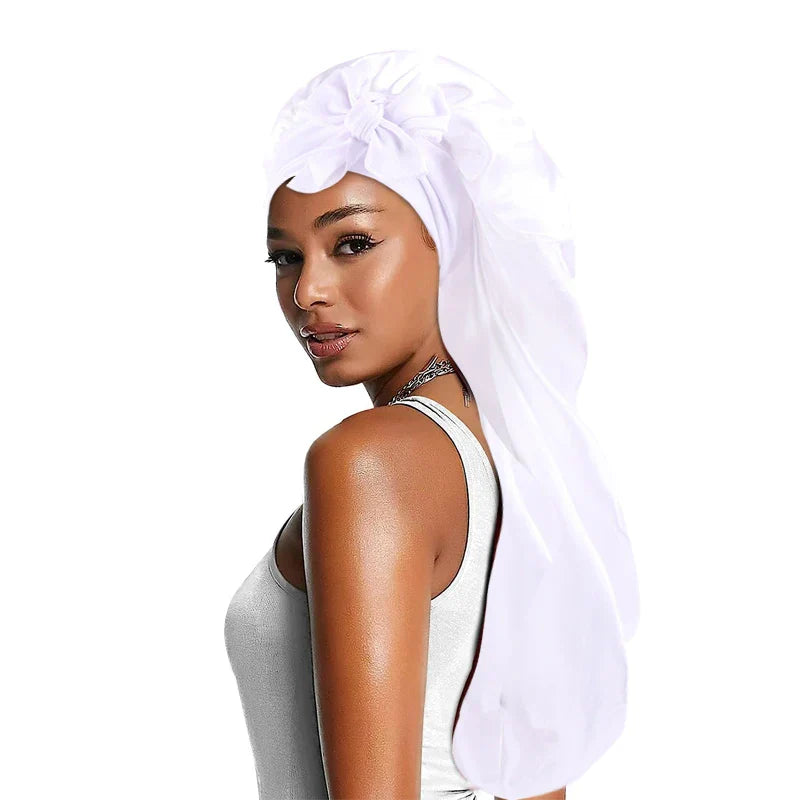 Women Satin Bonnets Adjustable Long Barrel Nightcap Solid