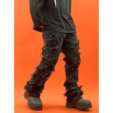 Black Brushed Denim Jeans RO Double-layer Damage Hole