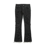 Black Brushed Denim Jeans RO Double-layer Damage Hole