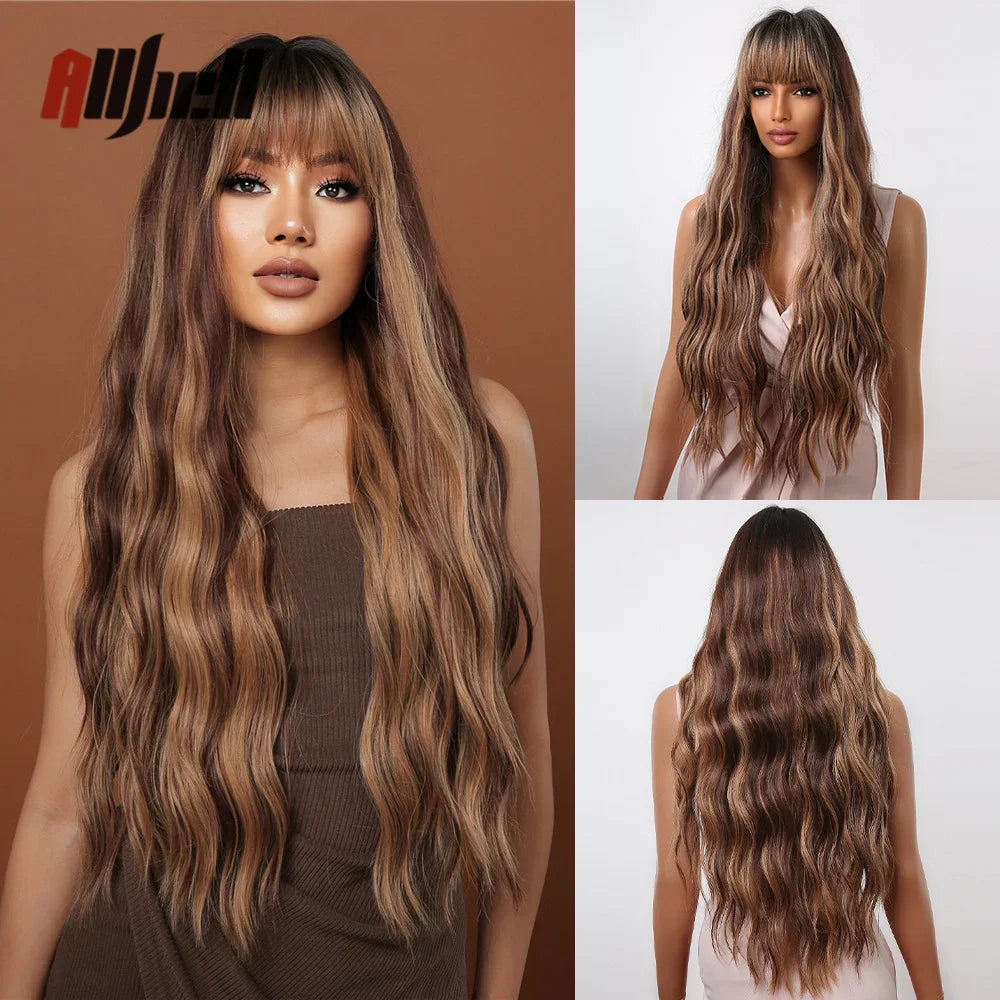 Copper Ginger Brown Wigs with Bangs Natural Synthetic