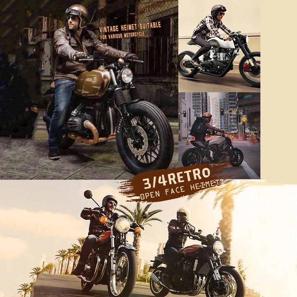 Men Women Retro Open Face 3/4 Motorcycle Helmet Motorbike Moto Motocross Vintage casco Cafe Racer DOT Approved Casque Capacete