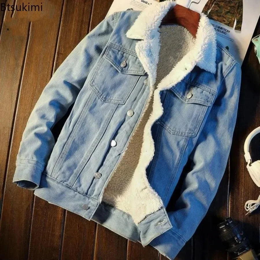 New 2024 Men's Warm Denim Jackets Fashion Men