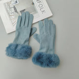 Women Faux Rabit Fur Wrist Suede Leather Touch