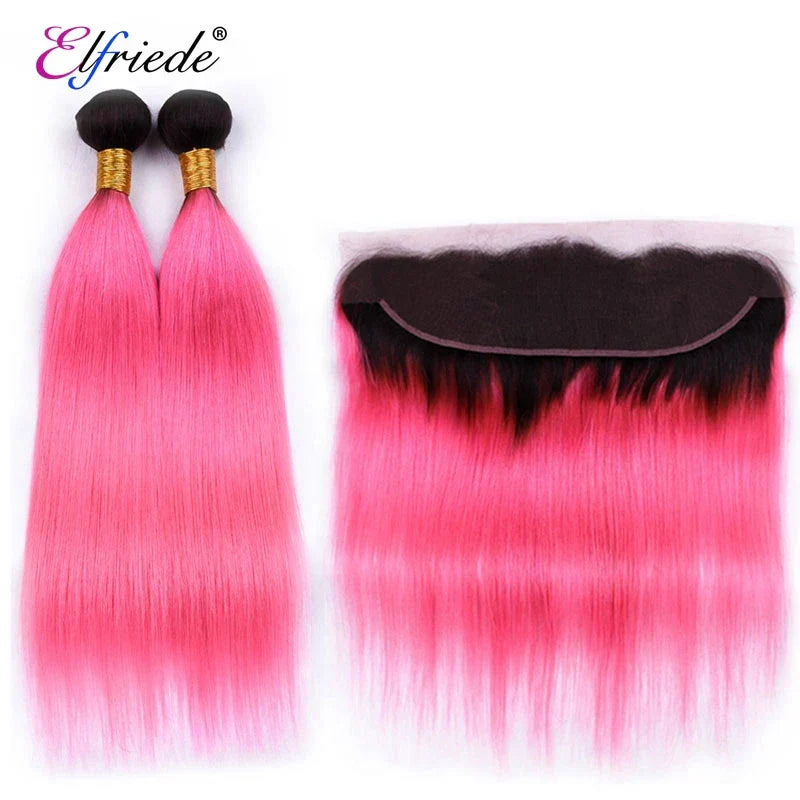 Elfriede 1BPink Straight Ombre Colored Hair Bundles with