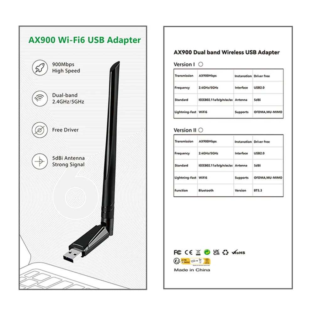 900Mbps WiFi6 USB Adapter 2.4/5GHz Dual Band Bluetooth-Compatible5.3