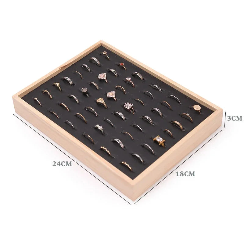 Wood 48 Grids Rings Tray Jewelry Showcase Storage