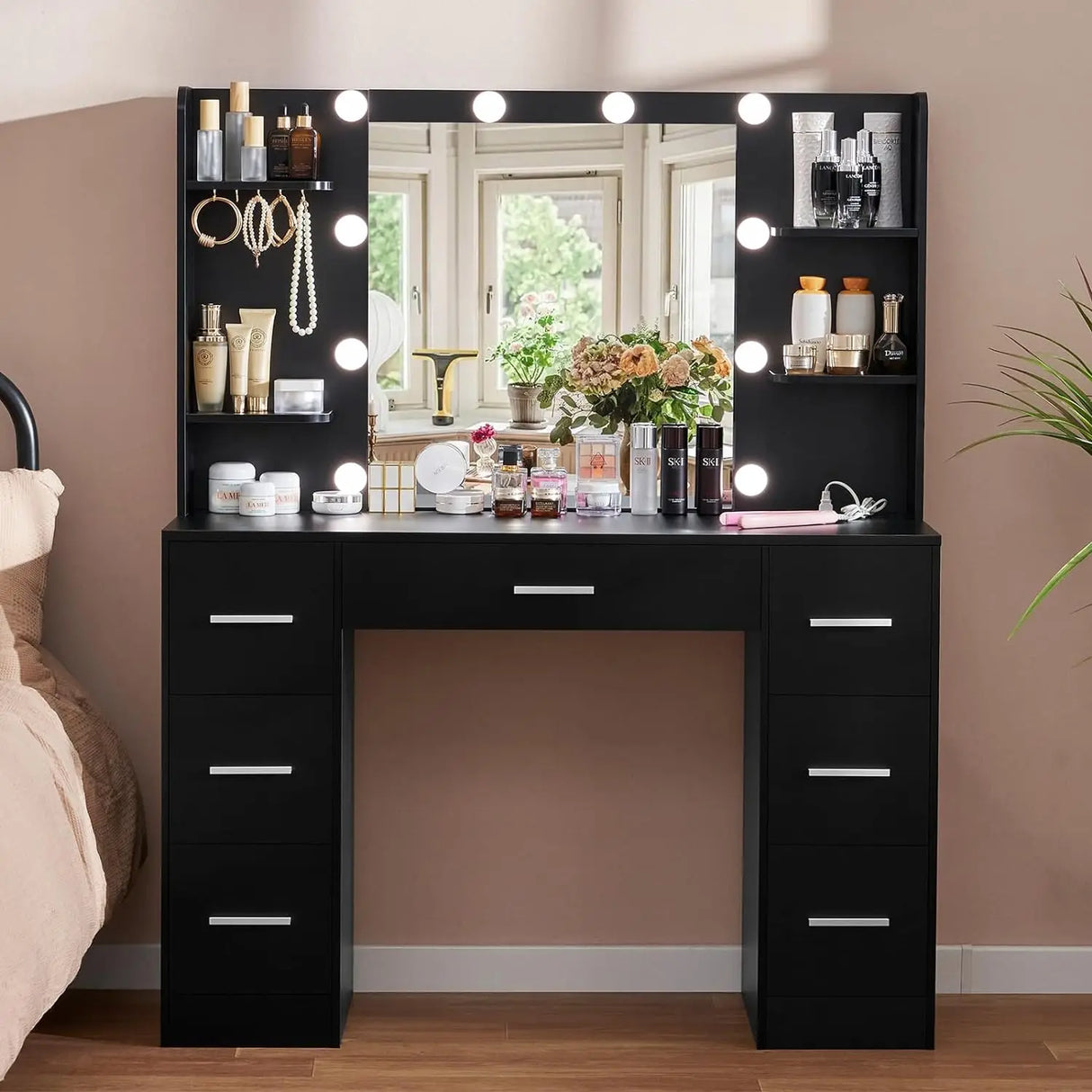 Quimoo Large Vanity Desk with LED Lighted Mirror