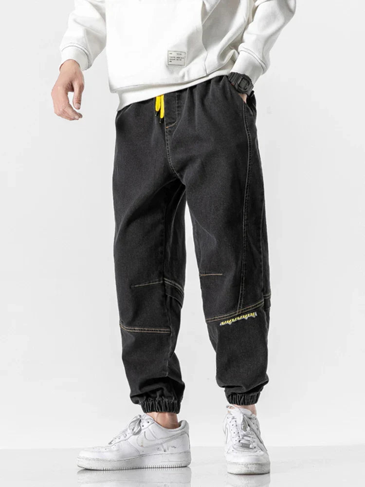 Spring Summer Drawstring Cargo Jeans Men Black Denim