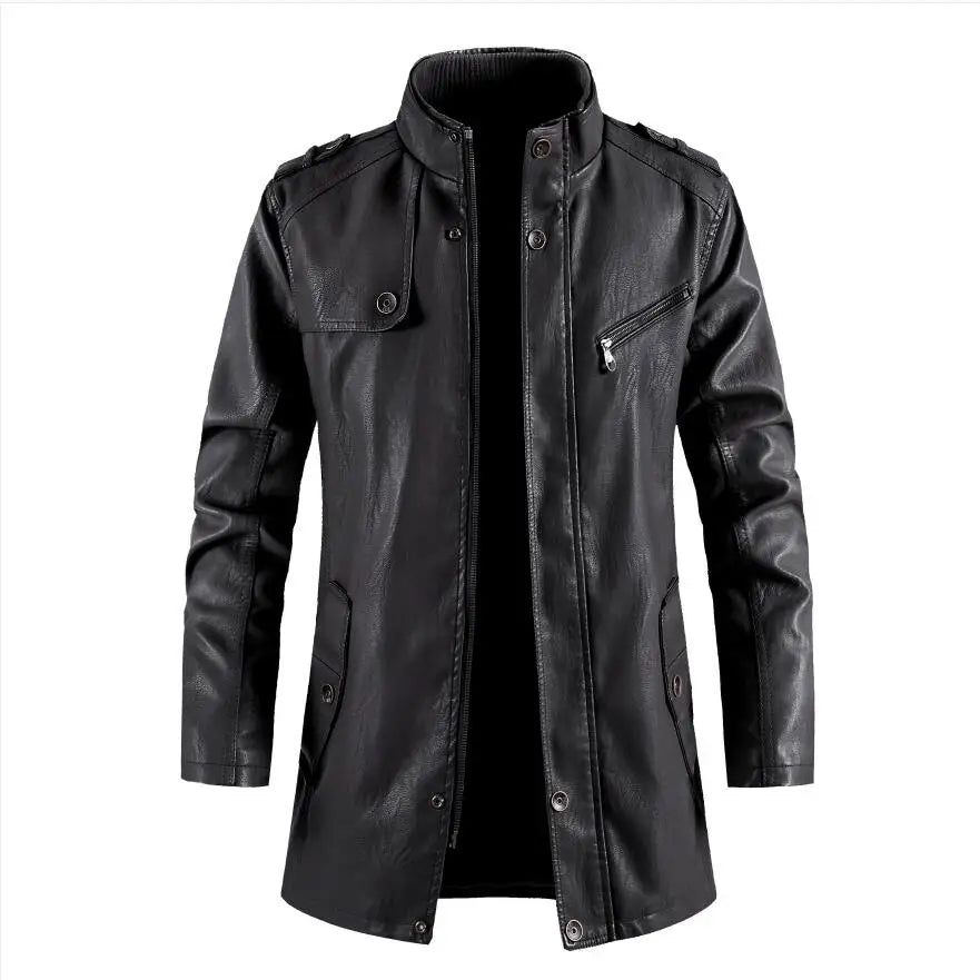 Winter Men's Thick Fleece Leather Jacket Coat Long