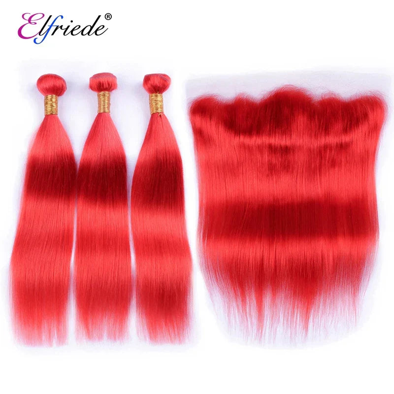 Elfriede #Red Straight Colored Hair Bundles with Frontal