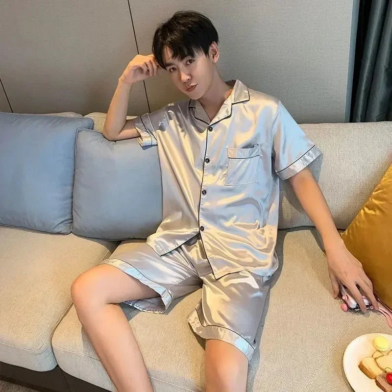 Satin Sleepwear Clothes Solid Ice Color Sleeve 2pcs
