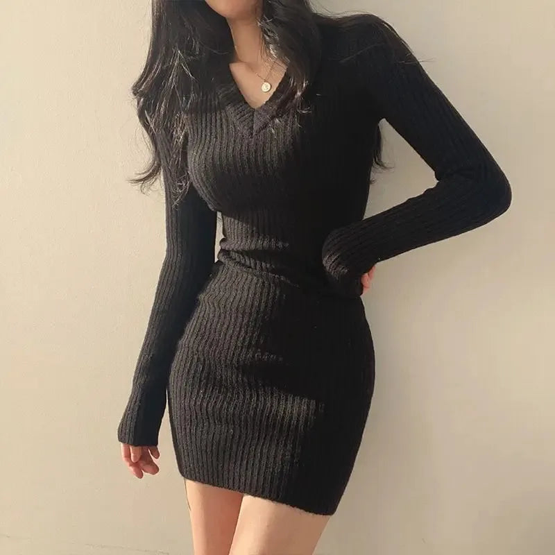 Women Knit Slim Sexy Bodycon Dress V-Neck Long