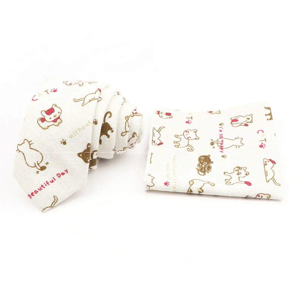 Men Linen Plant Ainmal Ties Set Pocket Handkerchief