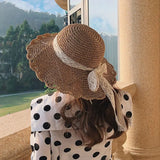 Wide Brim Straw Hat Foldable Big Lace Bow