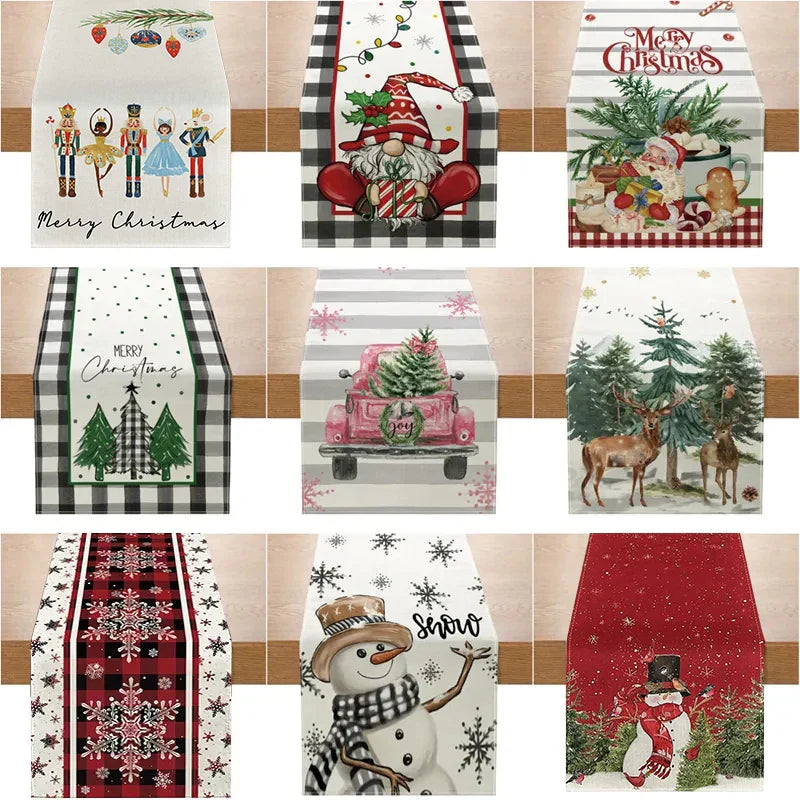 Linen Christmas Table Runner Snowman Xmas Tree Home