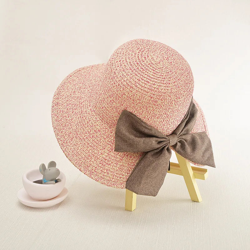 Bow Decor Straw Sun Hat Wide Brim Foldable