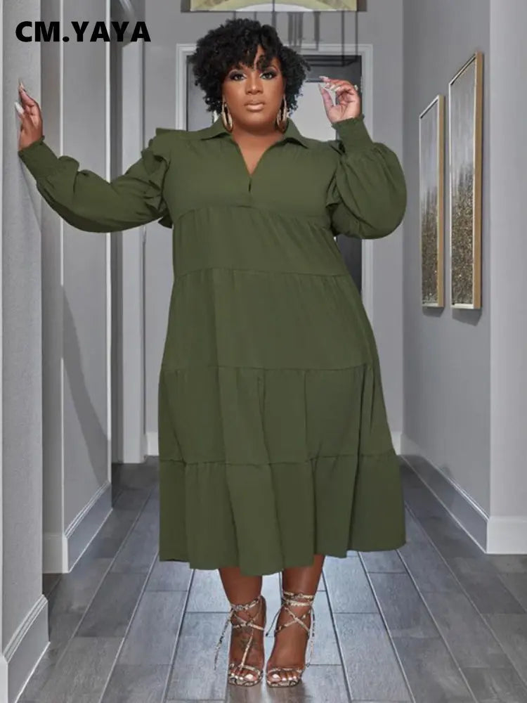 CM.YAYA Plus Size Vintage Women Long Sleeve Turn-down