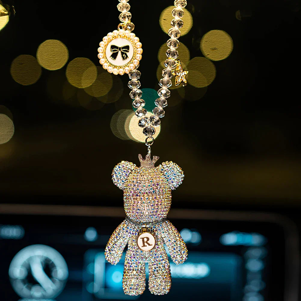 Cartoon Diamond Crystal Bow Bear Car Pendant Mirror