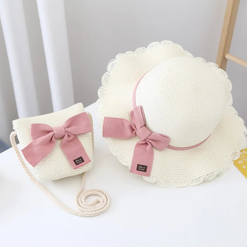 2pcs Set Summer Straw Hat With Bag For