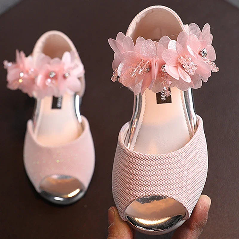 Girls Rhinestone Flower Shoes Low Heel Flower Wedding