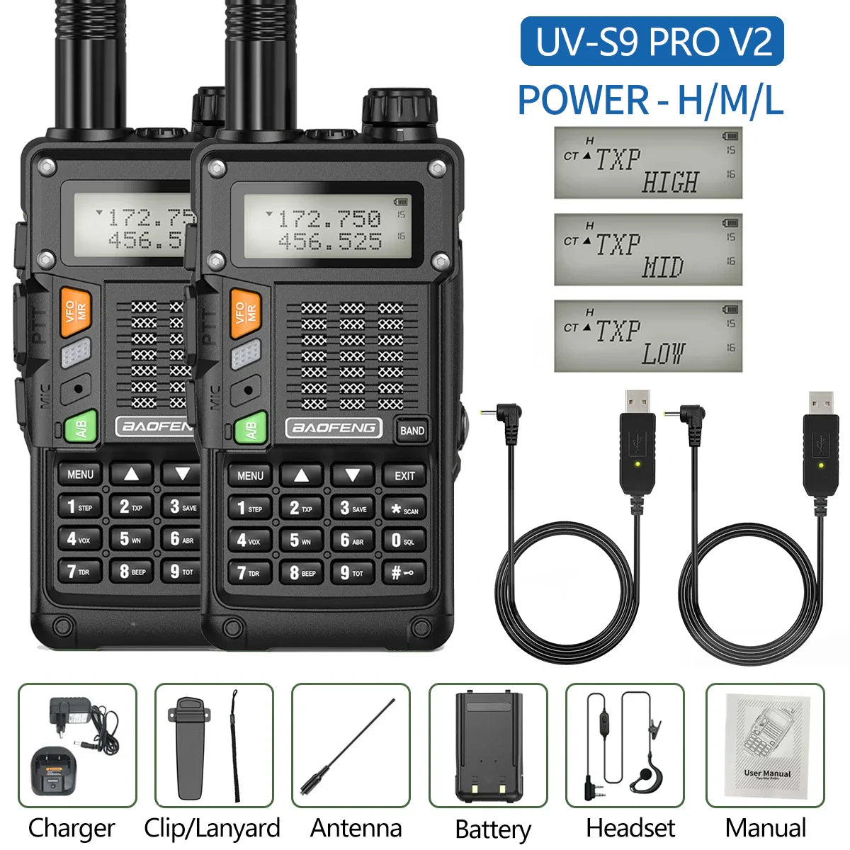 2PCS BaoFeng UV-S9 Pro V2 Walkie Talkie 10KM