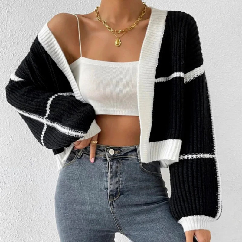 Autumn Winter Color Contrast V-neck Lady Knitting Cardigan