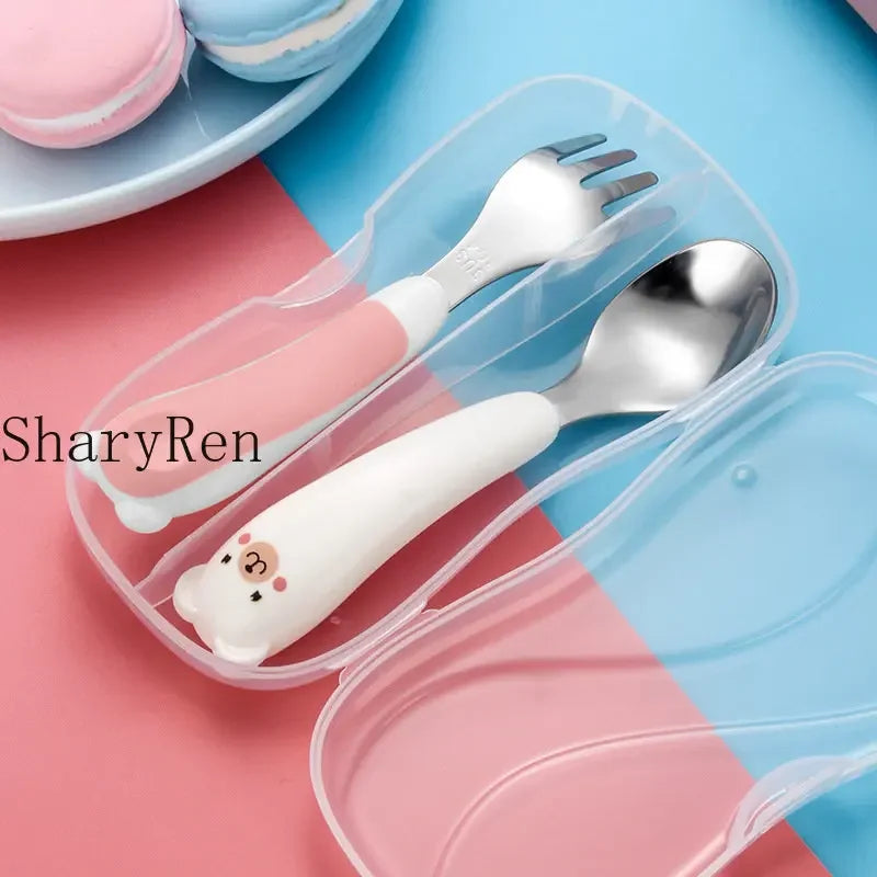 Baby Children Spoon Fork Set Cartoon Bear Stainless