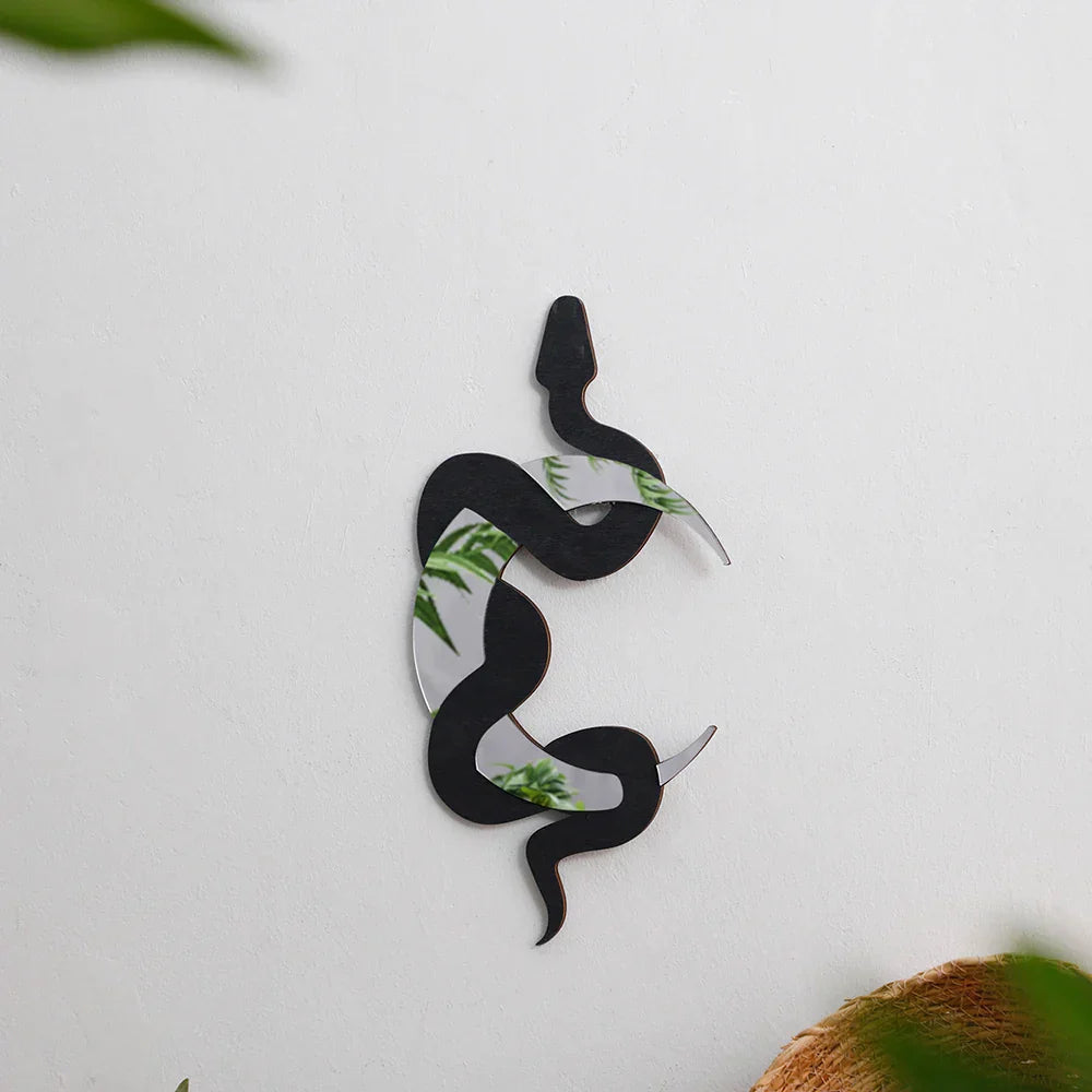 White Black Wooden Snake Crescent Moon Mirror Hanging