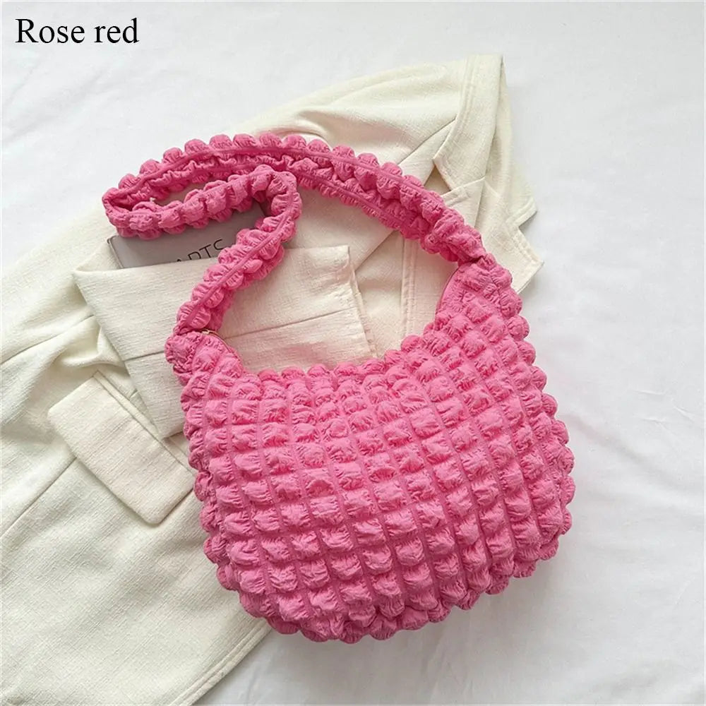 Plaid Quilted Shoulder Bag Cute Pleated Bubbles Solid