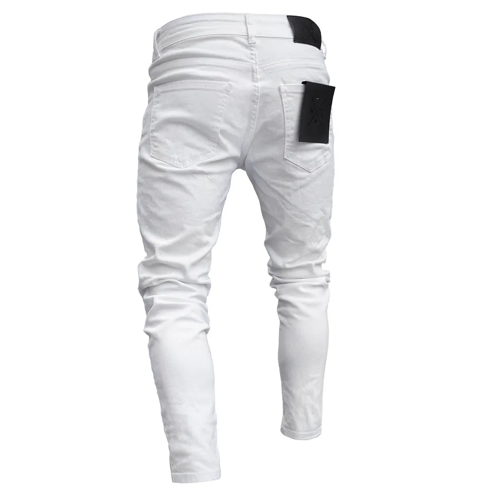 White Embroidery Jeans Men Cotton Stretchy Ripped Skinny