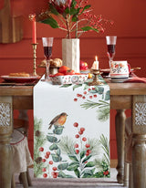 Modern Elegant Table Runner Eucalyptus Berries Robin Table