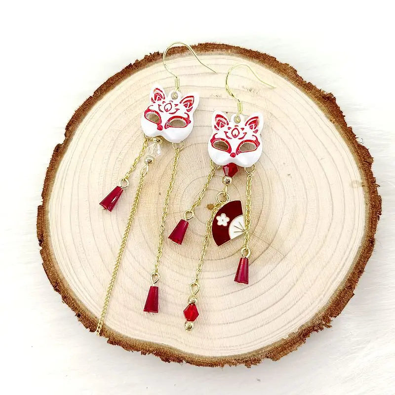 Vintage Fox Mask Earrings for Women Japanese Style