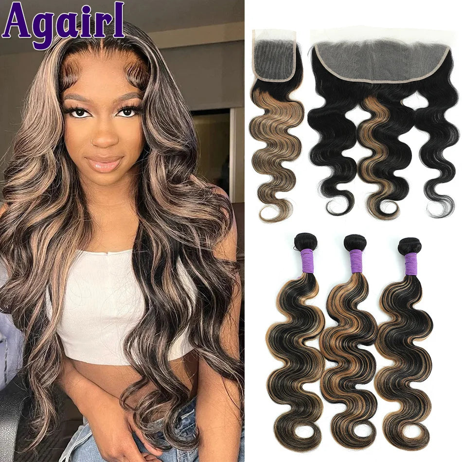 1B27 Highlights Blonde Body Wave Bundles With Frontal