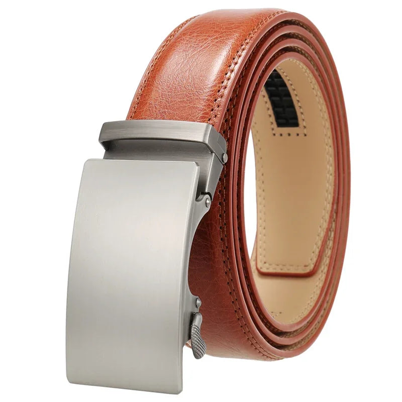Plyesxale Brown Leather Belt Men 2024 Automatic Buckle