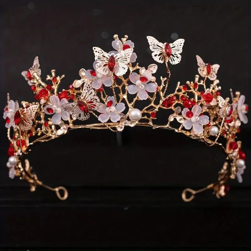 Handmade Bridal Pearl Rhinestone Crown Tiara Butterfly Floral