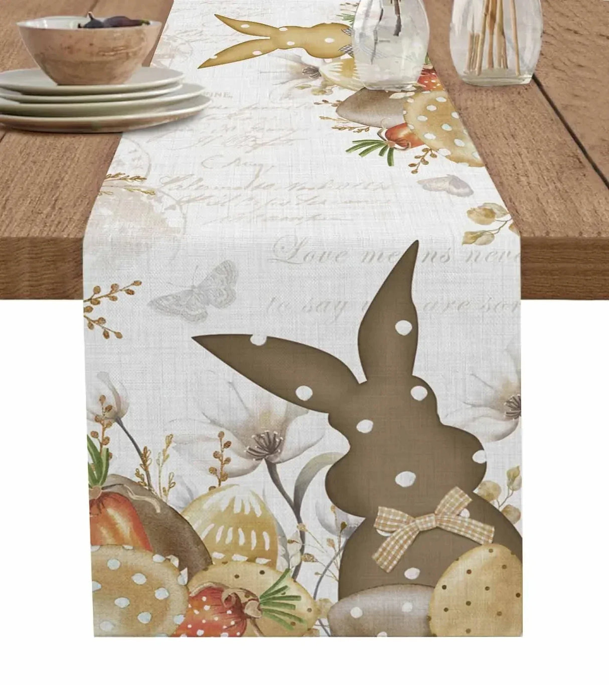 Easter Bunny Spring Flowers Linen Table Runner Washable