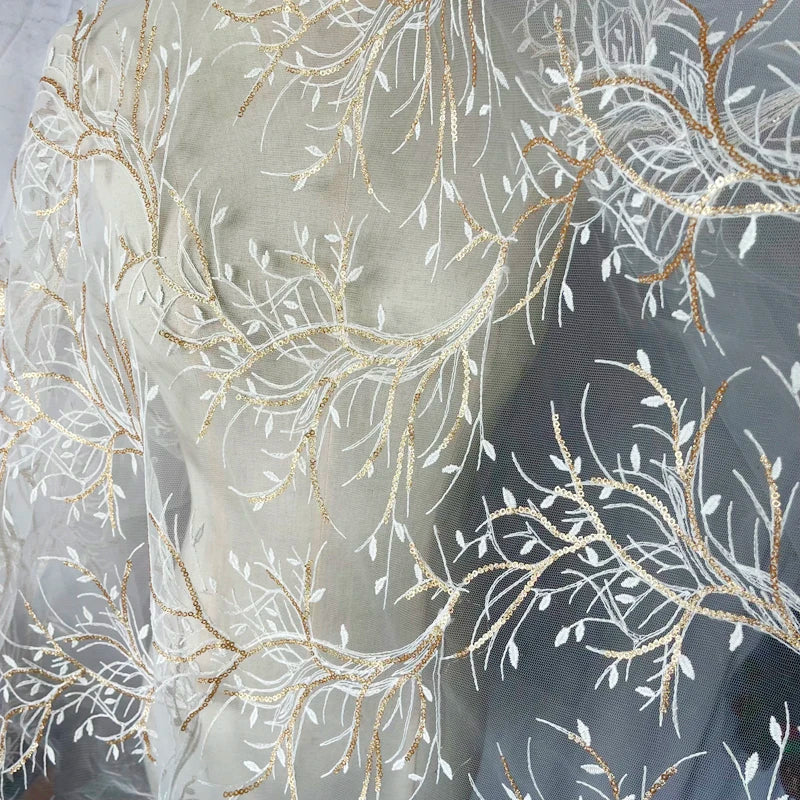 White lace Gold Beaded Embroidery Apparel Fabrics &