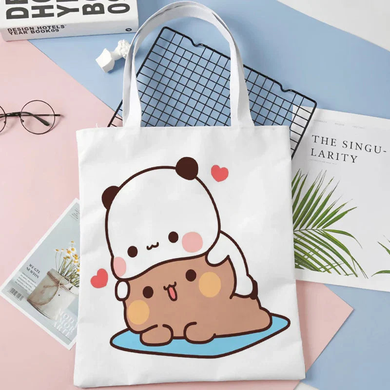 Panda Bear Hug Tote Bag Cotton Cloth Shoulder Shopper Bags Cute Cartoon For Women Handbag Eco Foldable Reusable Shopping Bag