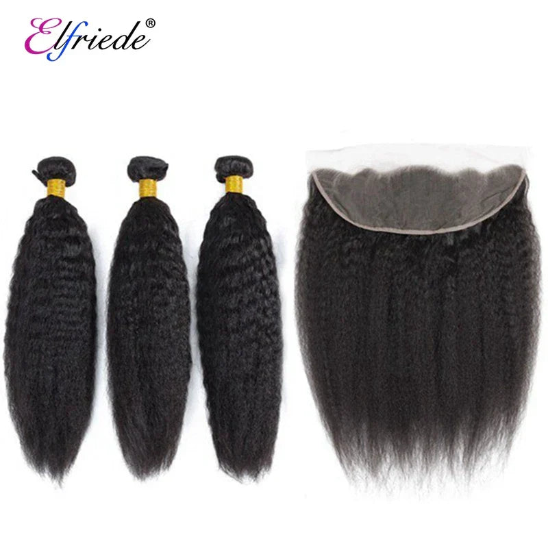 Elfriede Natural Black Kinky Straight Bundles with Frontal