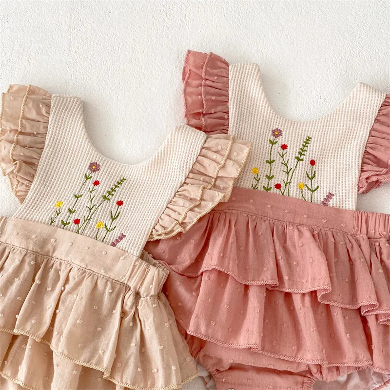 Ruffles Lace Baby Girls Romper Dress Summer Vintage