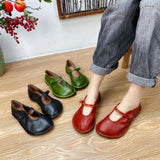 Birkuir Original Genuine Leather Flats Shoes For Women Retro Mary Jane Button Shoes Chinese Style Soft Handmade Ladies Shoes Red