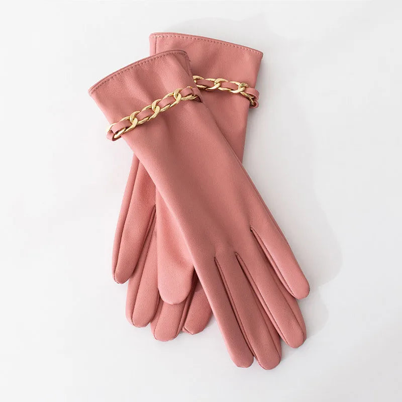 Fashion Chain Women' PU Leather Gloves Winter Warm